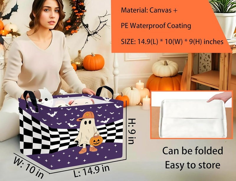 BOOHIT Large Halloween Themed Candy Gift Boo Basket for Kids Baby Personalized Adults Storage Bin Fall Decor(Baseball Hat Grid Spooky) - Image 2